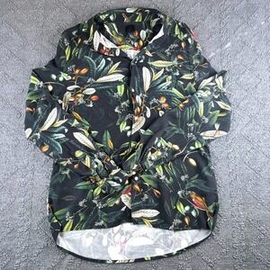 H&M Mens Viscose Botanical Bird Print Button Down Shirt Black Green Medium